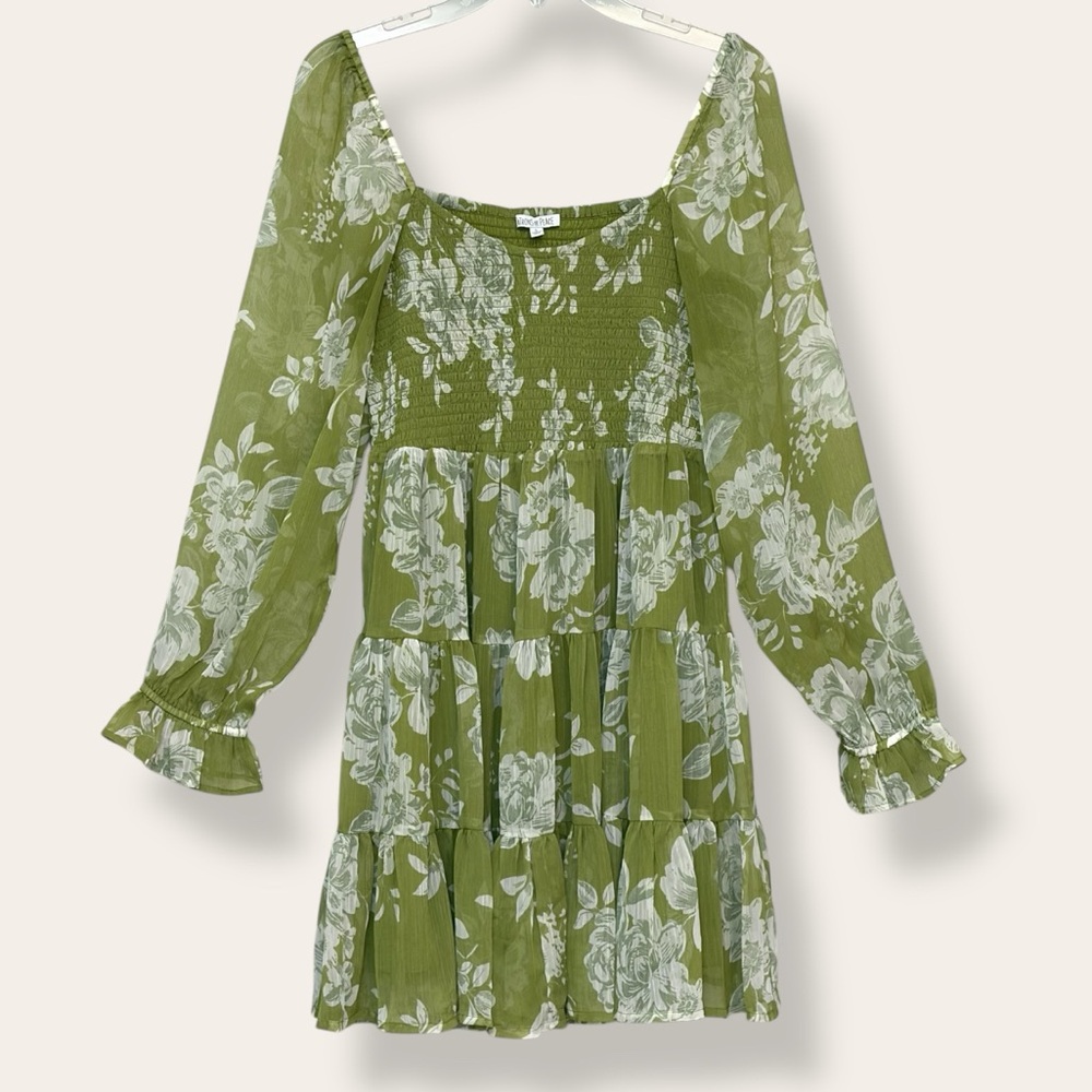 Patrons of Peace Green Floral Smocked Tiered Dress Size L